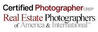 Logo for Certified Photographer of Real Estate Photographers of America & International, featuring bold black and red text on a white background.