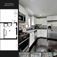 Modern kitchen with stainless steel appliances, white cabinets, and dark countertops. Floor plan and small gallery visible on the left side.