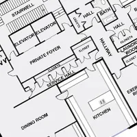 Architectural floor plan showing labeled rooms such as stairwell, elevator, service hall, laundry, kitchen, dining room, and private foyer with various pathways and connections.