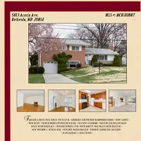 Real estate listing showing a two-story brick house with a garage. Includes interior images of the living room, dining area, and kitchen, plus a description and property details overlay.